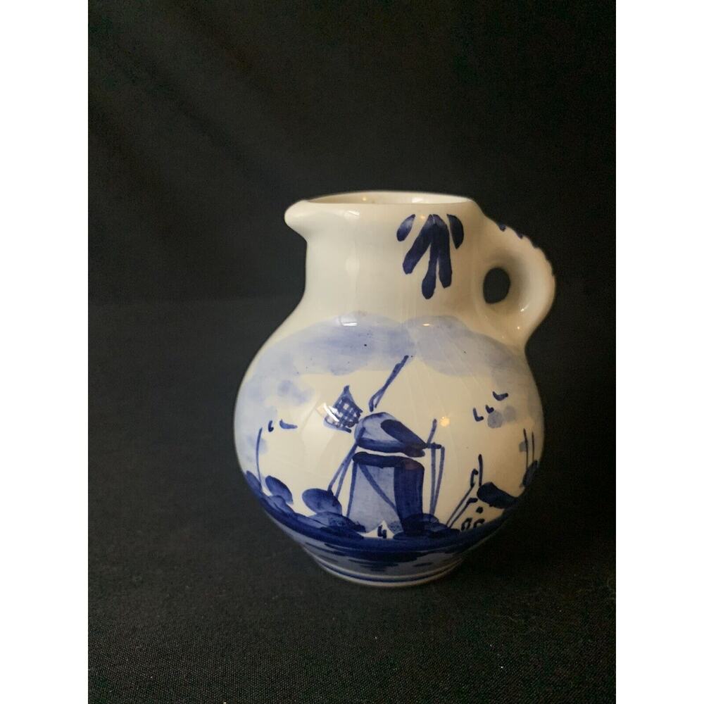 Delft Holland Small Blue Pitcher Vase Handmade Windmill 3.5" Tall
